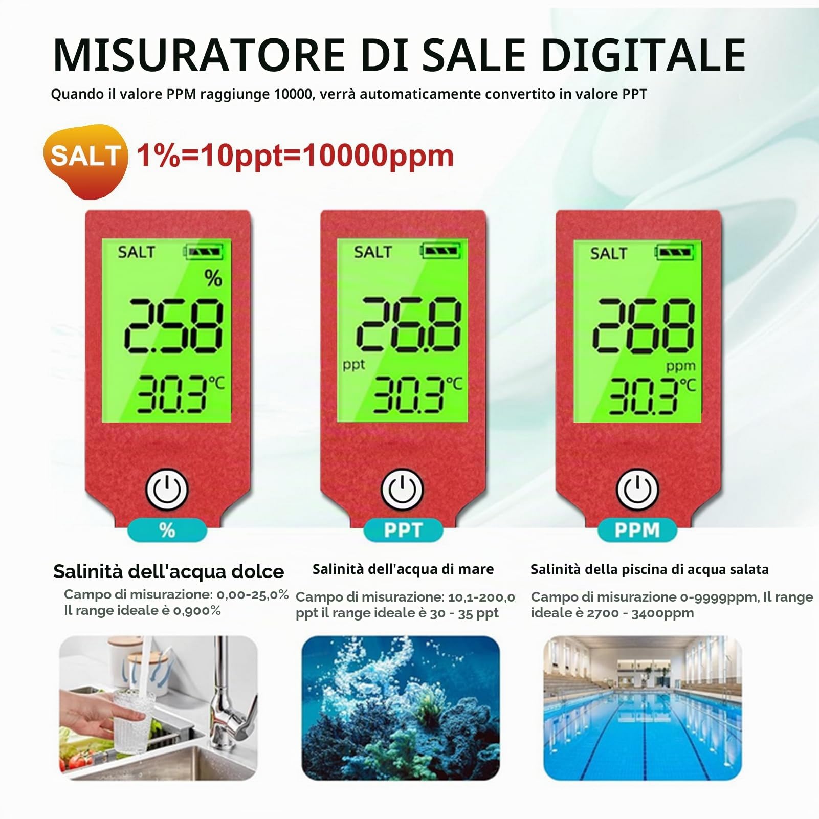 Misuratore pH Cloro Piscina 7 in 1, Tester PH Cloro Salinità ORP TDS EC Temperatura, Test Qualità Acqua ad alta precisione con funzione ATC per piscine, acqua potabile, acquario, idroponica