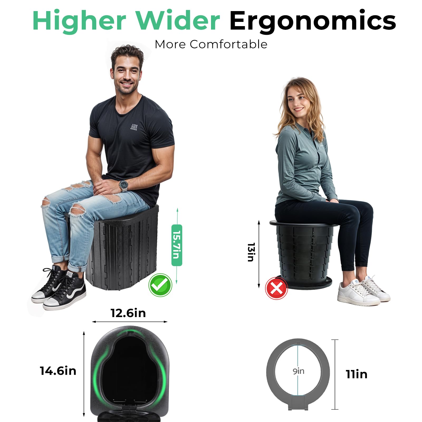 WC da campeggio, WC portatile per adulti, WC da campeggio con borsa, vasino da viaggio per campeggio, escursionismo, viaggi su strada, auto, tenda, camionisti (nero) 40 cm (altezza)