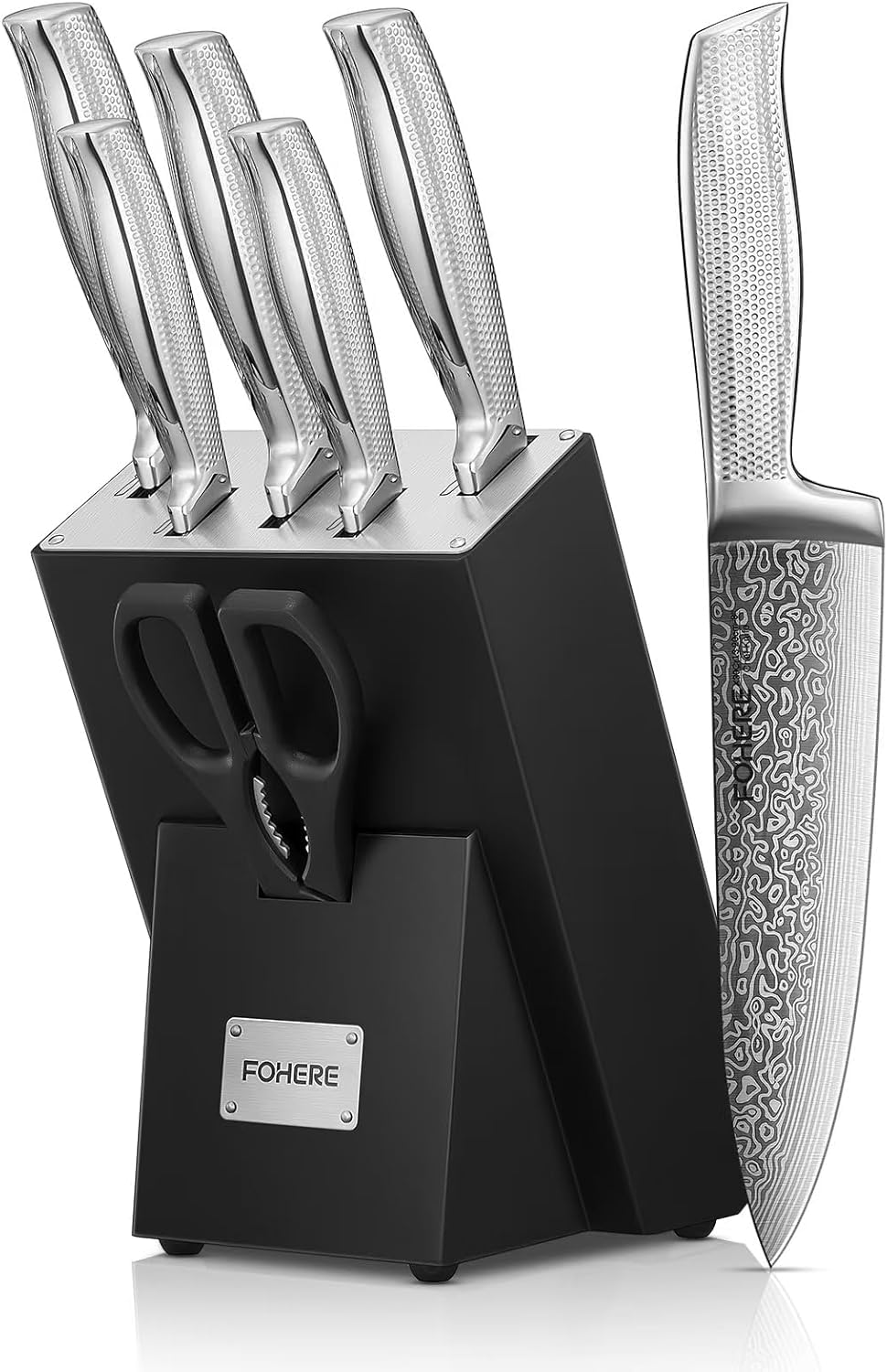 FOHERE Couteau Cuisine, 7 Pièces Set Couteaux Cuisine avec Technologie Affûteur Intégré, Couteaux de Cuisine en Acier Inoxydable, avec Bloc Couteaux en Bois