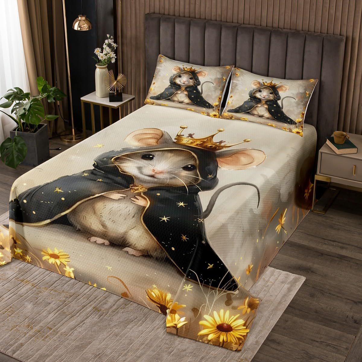 Cute King Mouse Bedspread Twin Size,Golden Daisy Flower Bedding Set,Nutcracker Fairy Tale Theme Comforter Set for Kids Girls Boys Teens Room Decor,Cartoon Animals Quilt Coverlet,1 Pillowcase