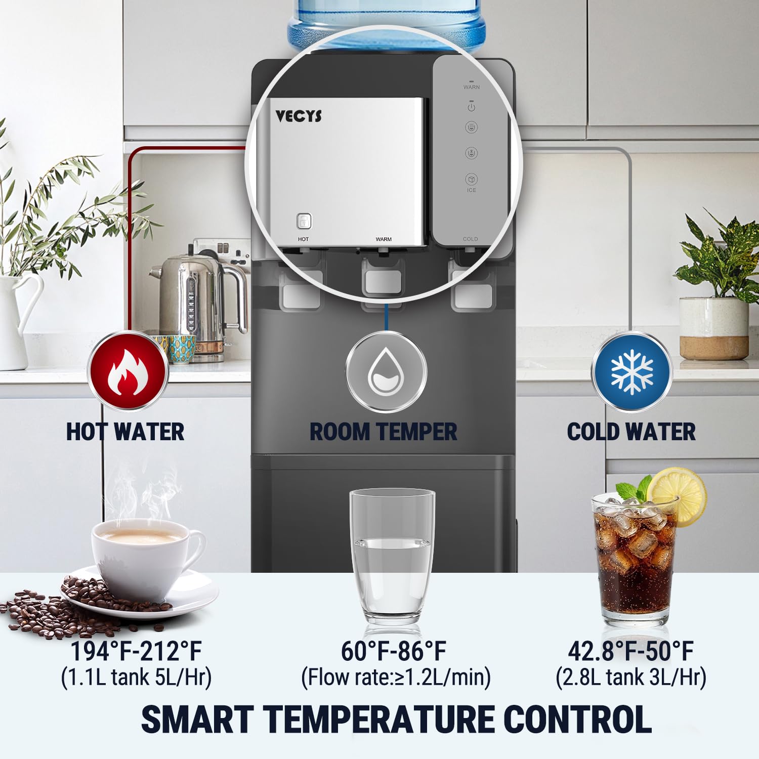 VECYS Distributore di acqua refrigerante con macchina per il ghiaccio, 12,2 kg per la produzione di ghiaccio giornaliero e acqua calda fredda, blocco di sicurezza per bambini e compatibile con