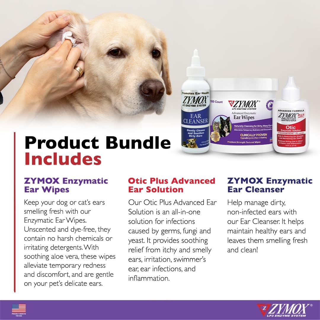 Zymox Enzymatic Ear Wipes, Ear Cleanser, & Otic Plus Ear Solution for Dogs and Cats - Product Bundle - for Dirty, Waxy, Smelly Ears and to Soothe Ear Infections