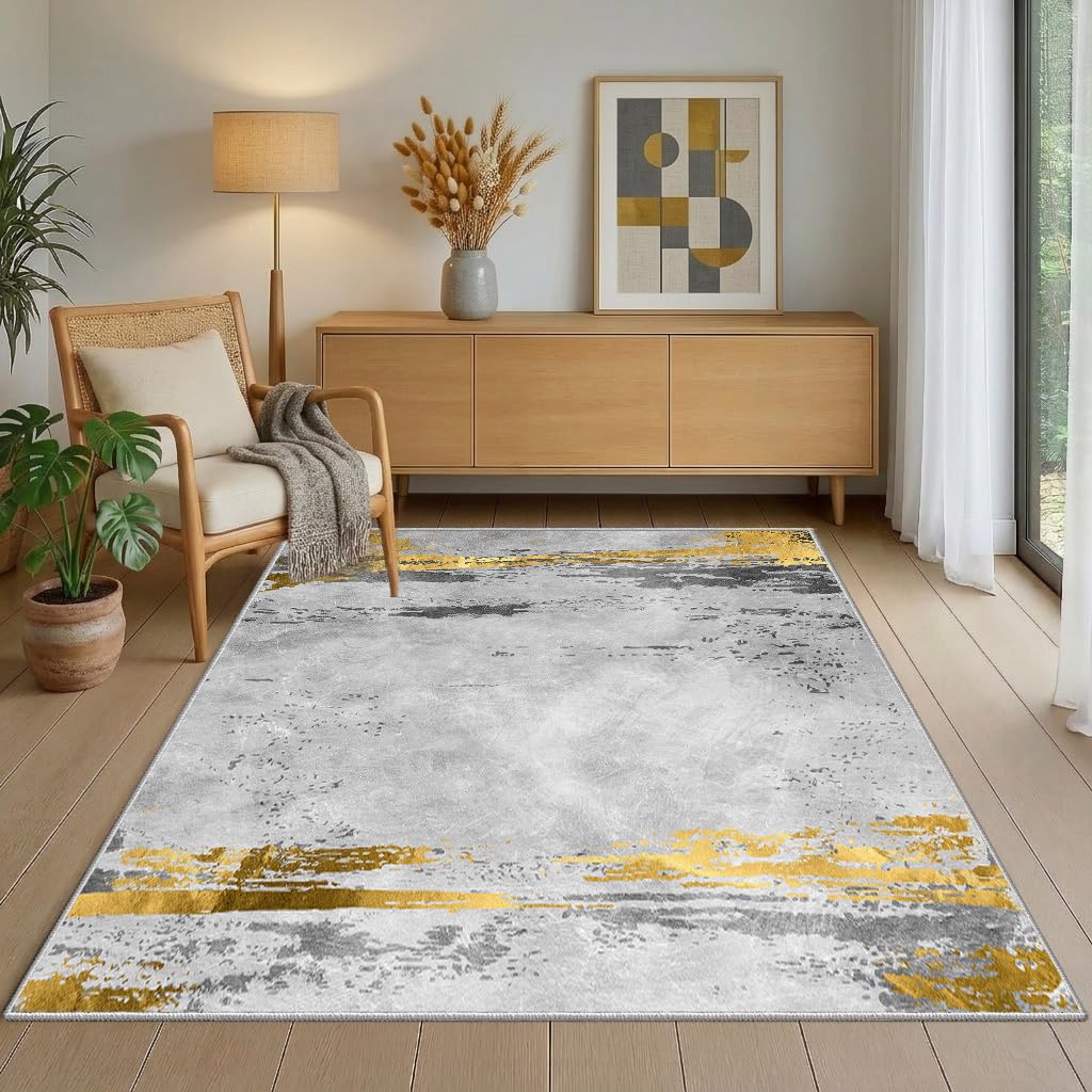 WQMMD Grey Washable Rugs Living Room 120x160cm Grey and Gold mit White Ultra Thin Non-slip Modern Abstract Area Rugs for Bedroom Apartment Decor Hallway Kitchen Laundry Utility Beside Sofa Office โ image 1