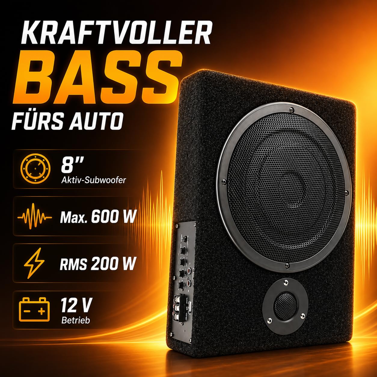 8" 12V 600W Auto Subwoofer Unter-Sitz Verstärker Lautsprecher Slim Box mit 200W RMS 4Ω Holzgehäuse für 12V Fahrzeuge Bass Lautsprecher mit Lautstärkeregler Kabel-Set Montageset