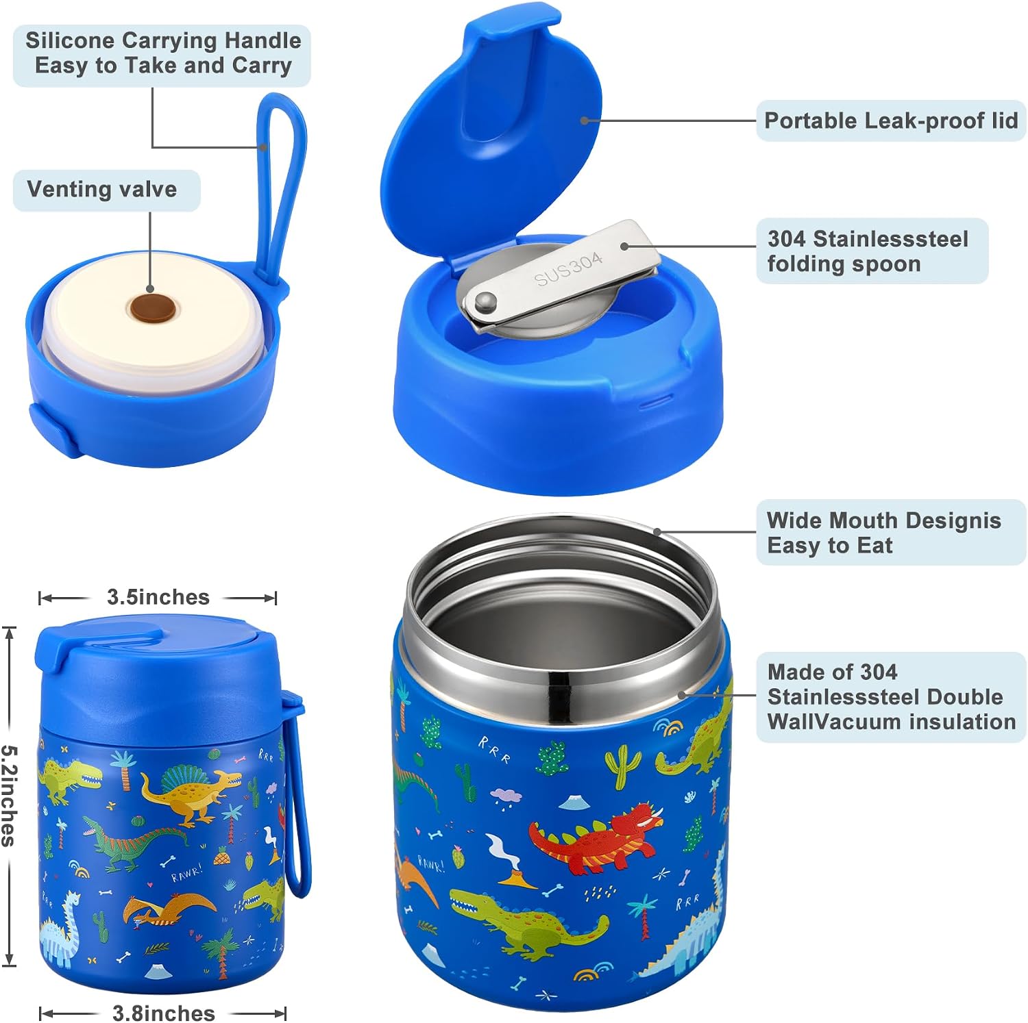 17oz Soup Thermo for Hot Food Kids,Insulated Food Jar with Spoon,Thermo Hot Food Lunch Container,Wide Mouth Leakproof Stainless Steel Lunch Box for School-Dinosaur image 2