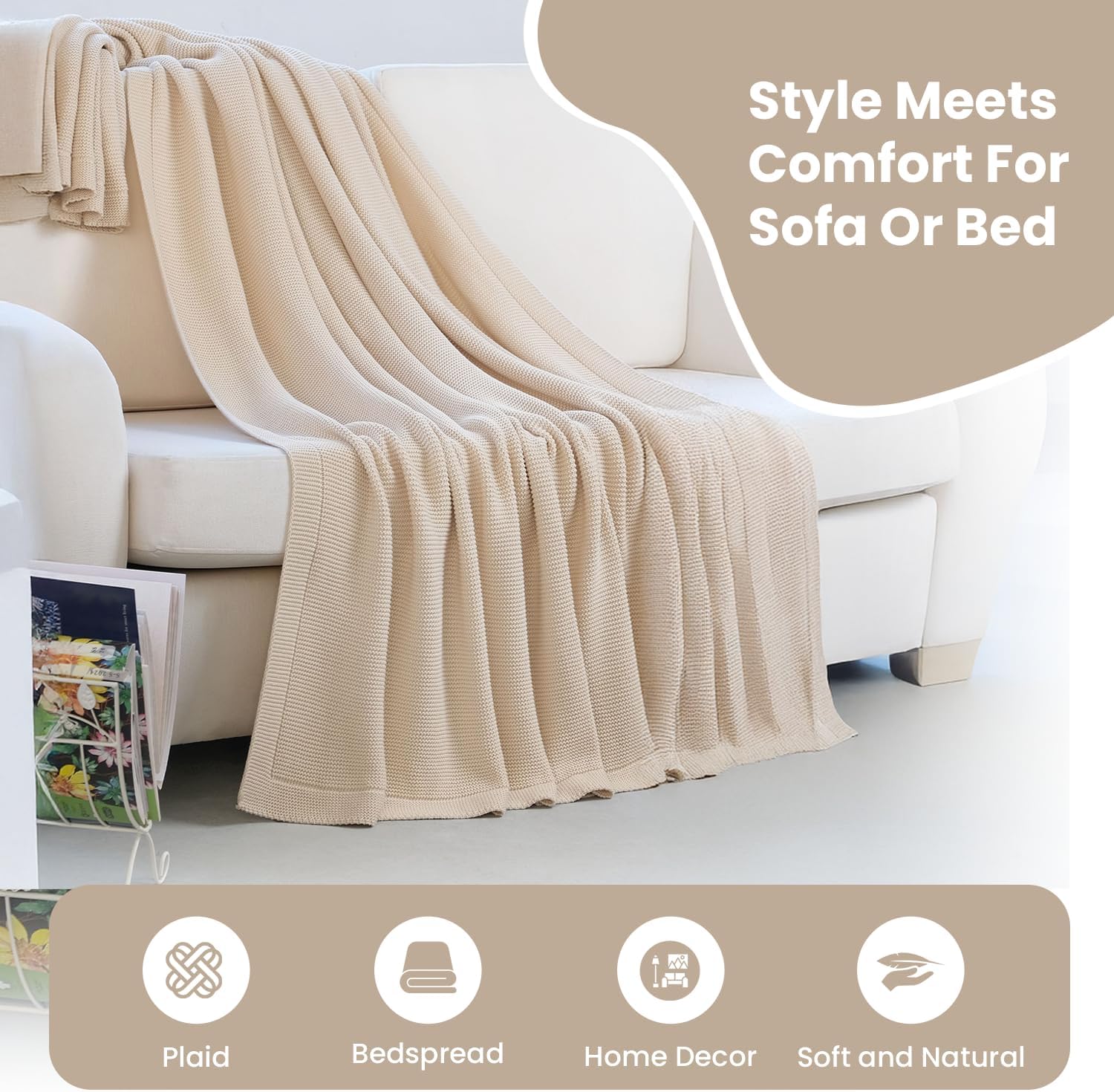 Dalisa 100% Organic Turkish Cotton Throw Blanket - GOTS Certified, Cozy - Perfect for Couch, Bed, and Home Decor - Boho Vintage Knit Alina (Beige, 50x60) - Image 2