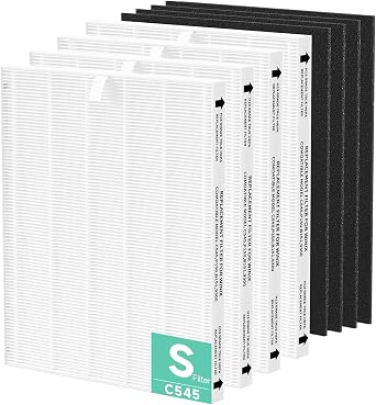 C545 Replacement Filter Compatible with Winix C545 Air Purifier, Filter S, Part Number 1712-0096-00, 4Filters + 4Activated Carbon Pre-Filters