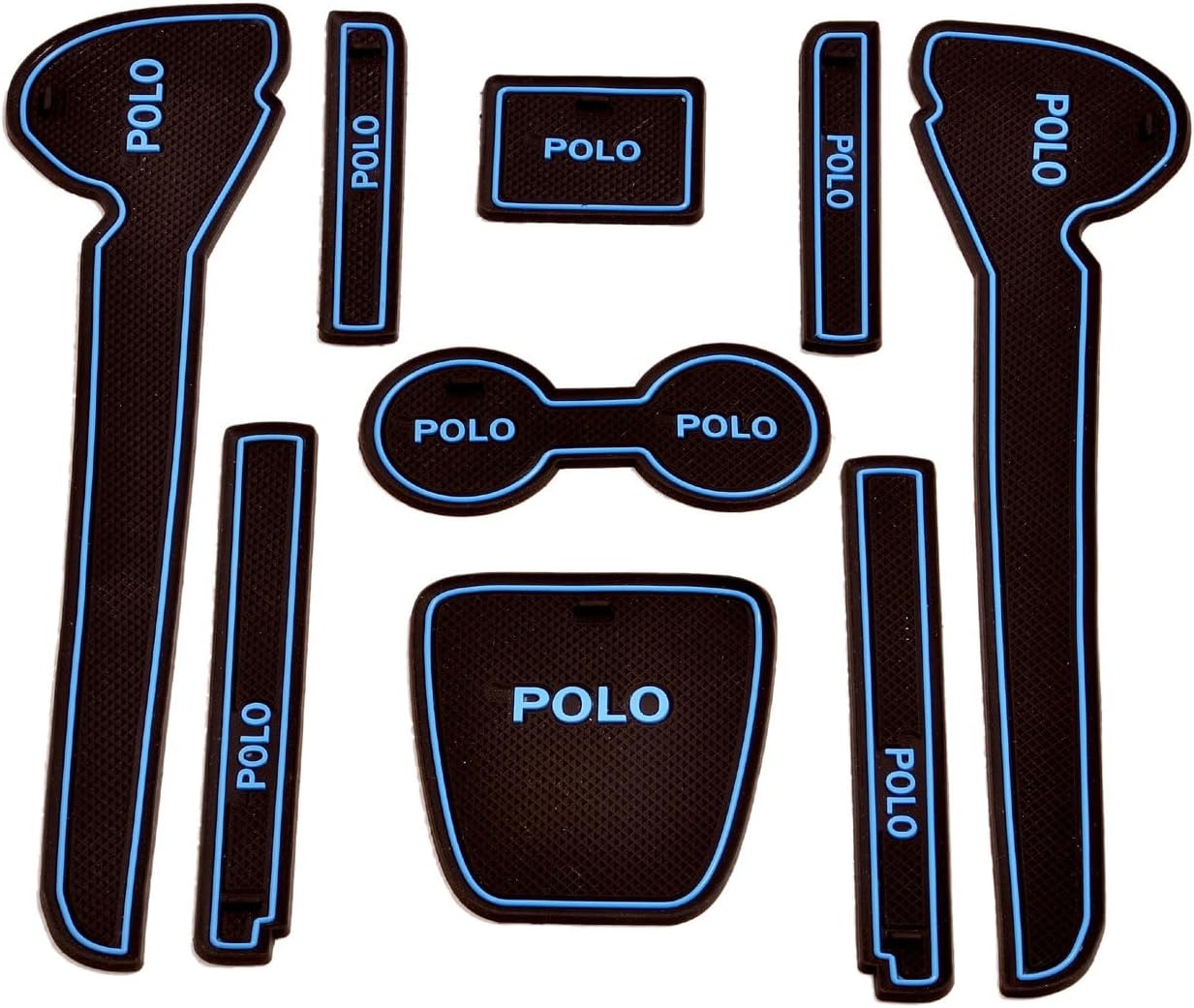 Door Cup Mat Set for Volkswagen Polo | Premium Non Slip Rubber Inserts | Custom Fit 9 Pieces | Blue Trim Interior Accessories | Dustproof Washable Car Styling