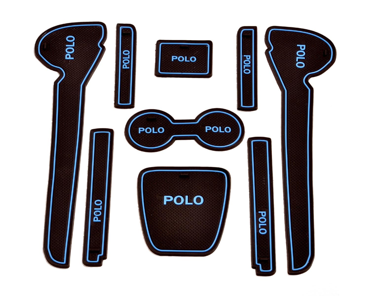 Car Drome - The Mat Store® | Door Cup Mats for Volkswagen Polo, Premium Sporty Interior Car Accessories, Custom Fit Set of 9 Pieces (Blue Trim)