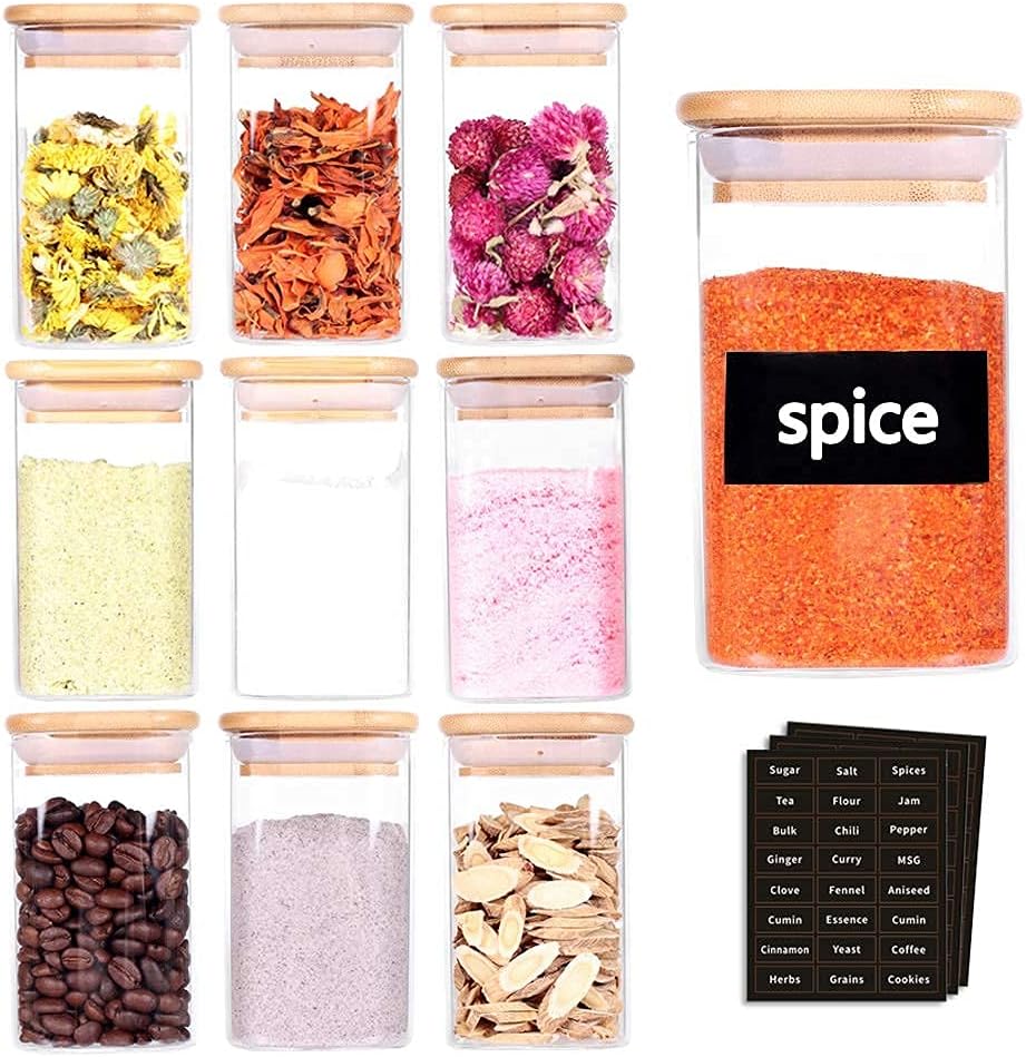 6oz 12 Piece Glass Spice Jars and 8oz 10 Piece square Glass Spice Jars