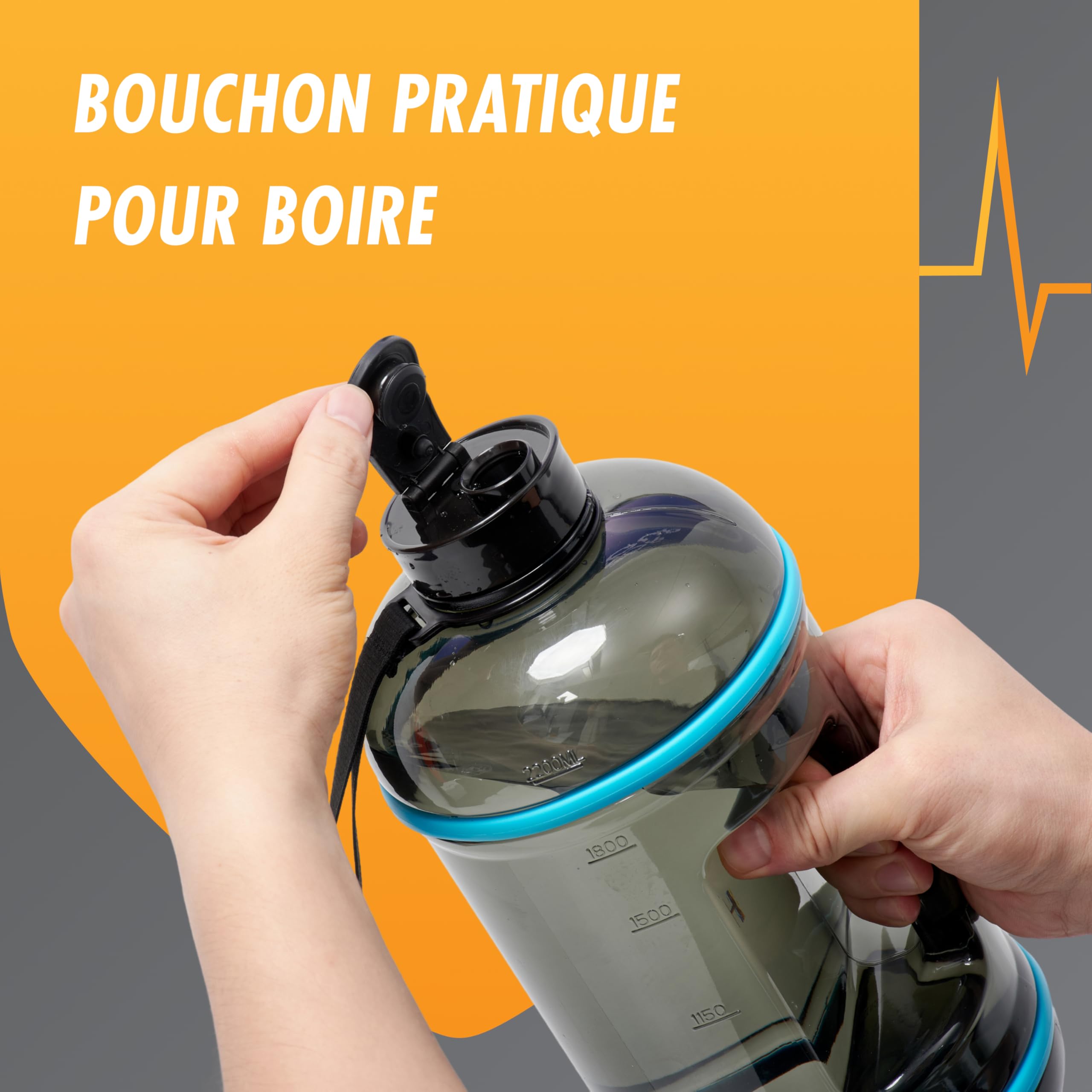 High Pulse Gourde XXL en Plastique - Bouteille d’Eau 2,2 L avec Bouchon Vissé, Bec Verseur et Sangle - Étanche pour Sport, Fitness, Randonnée, Musculation, Camping et Activités Extérieures
