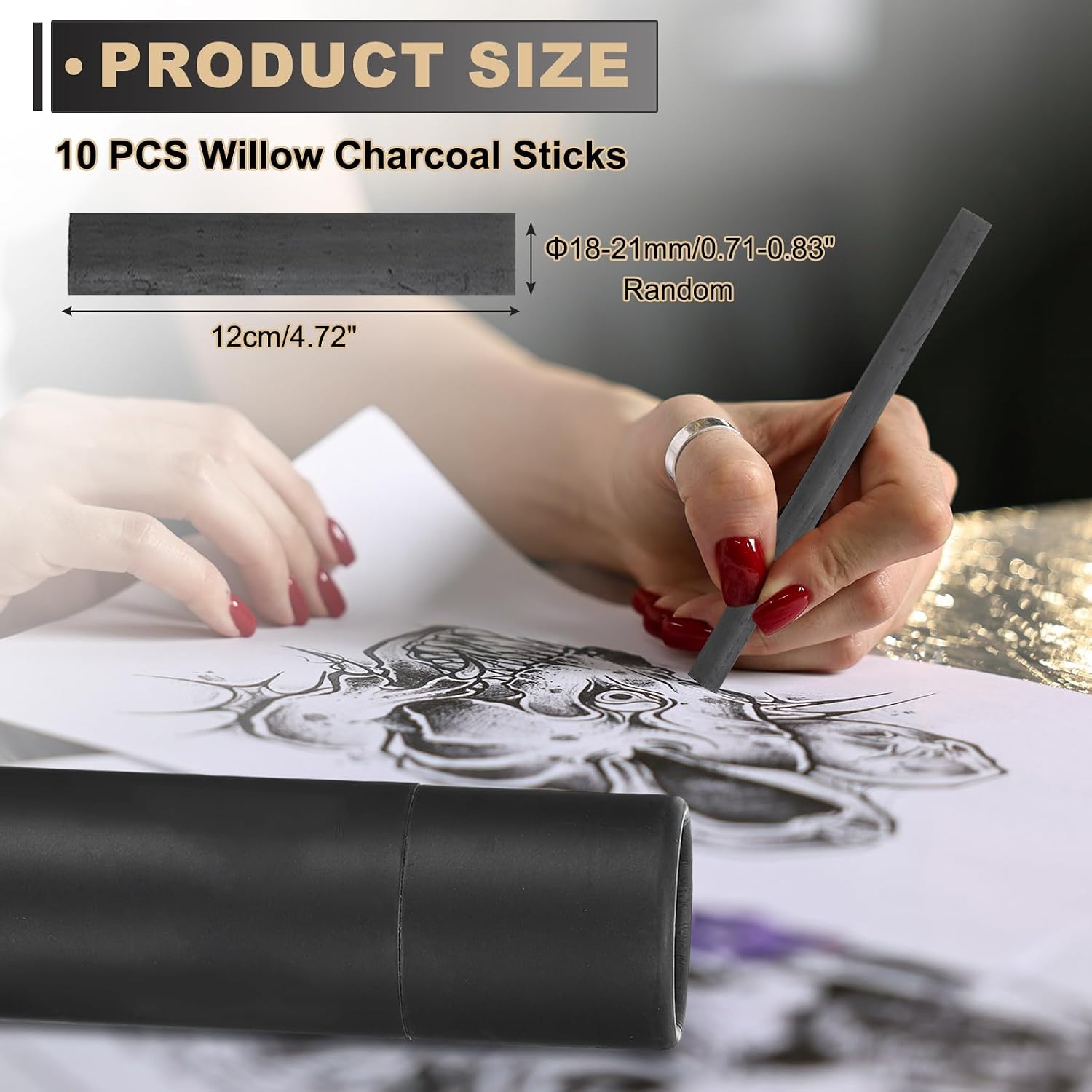 MECCANIXITY Willow Charcoal Sticks, 18-21mm Willow Charcoal Pencils Soft Sketch Vine Art Supplies Set for Drawing Sketching Shading Painting Artists Beginners (Black, Pack of 10)