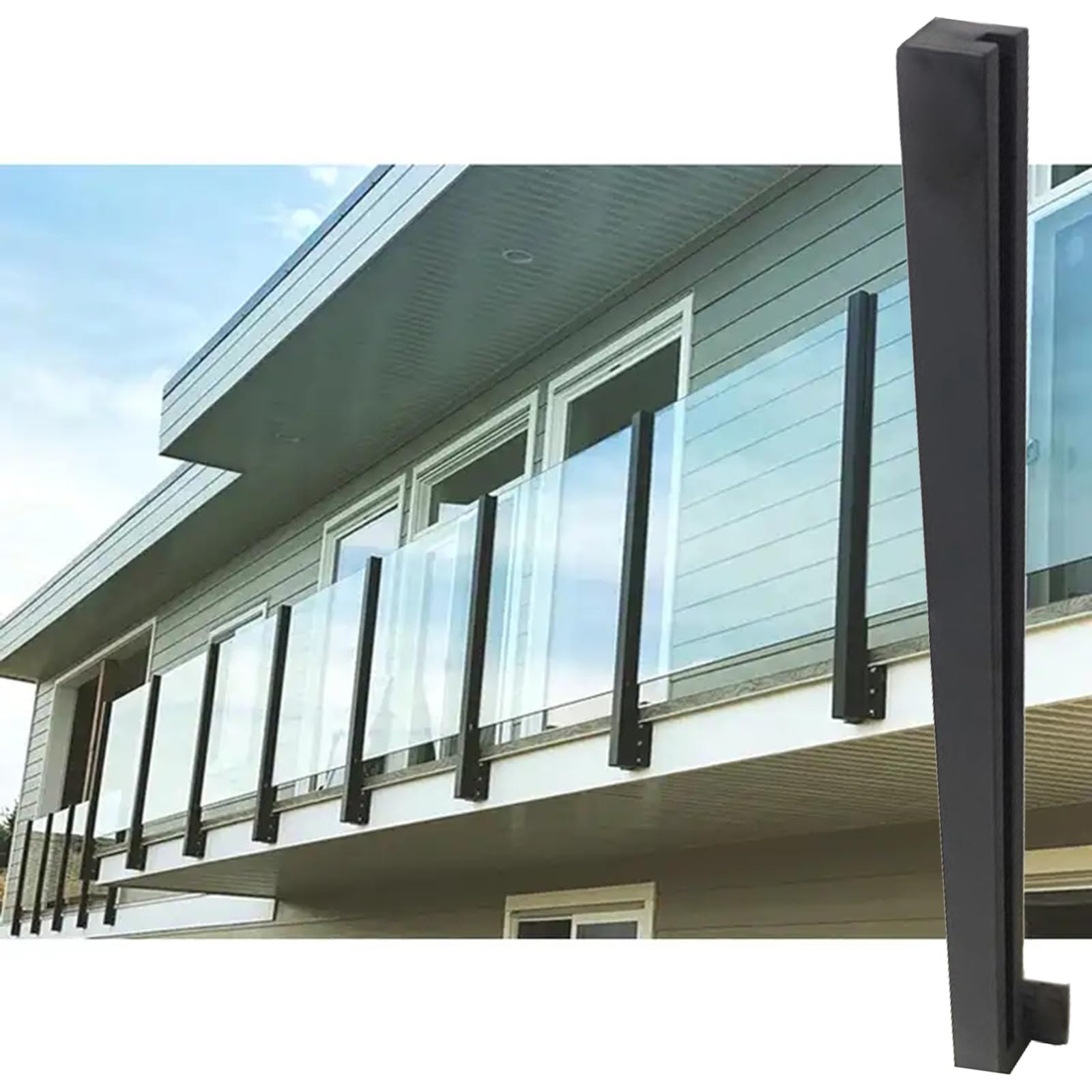 Generisch Poolzaun-System für den Außenbereich – Schwarzes Edelstahl 304 mit seitlich montiertem Glasgeländerpfosten (linker Endpfosten, 65 cm) für Sicherheit und Stil