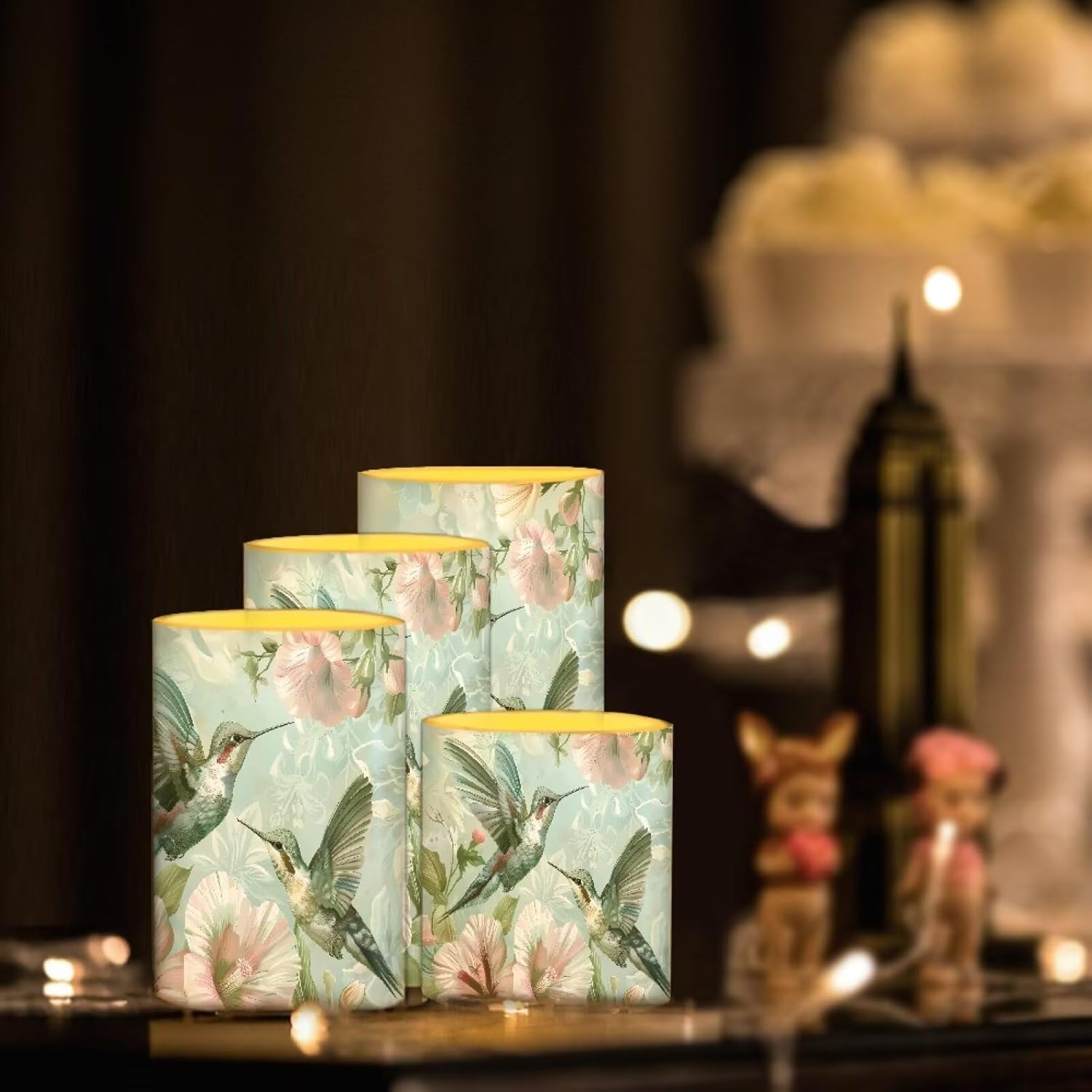 Merkmak 4Pcs Flameless Candles with Remote and Timers Flickering Battery Operated Candles Outdoor Flameless LED Pillar Lights for Beach Wedding Coastal Home Decorations, Floral Hummingbird