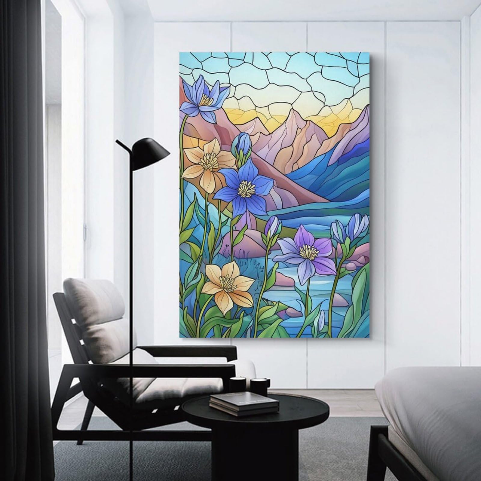 Junmoney Wall Decor Canvas Print Mountain Flowers Stained Glass, 24x36inch(60x90cm), for Study, Office Or Focused Interiors, Wall Art That Adds Style to Work Areas