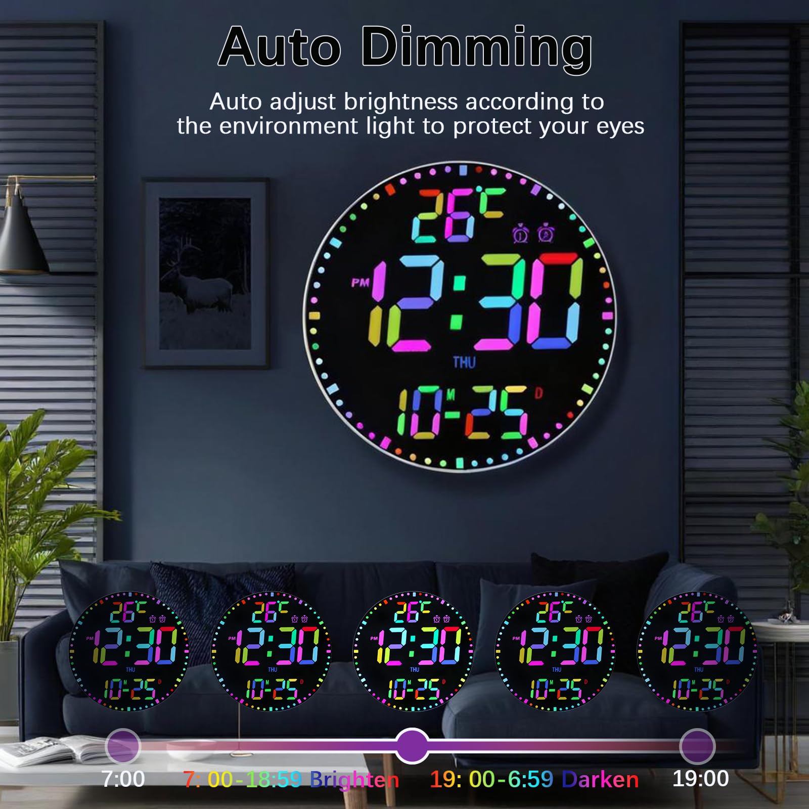 30,5 cm große digitale Wanduhr mit Fernbedienung, 12 RGB-Farben, automatisches Dimmen, Dual-Alarm, Temperaturdatum, Sommerzeit, LED-Wanduhr für Wohnzimmer, Büro, Fitnessstudio, Klassenzimmer