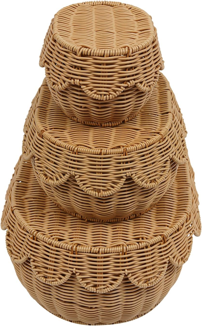 3 Pcs Scalloped Baskets, Hand-Woven Storage Basket, Scalloped Edge Wicker Basket With Lid for Nursery Storage Diaper Organizer Bathroom Decor