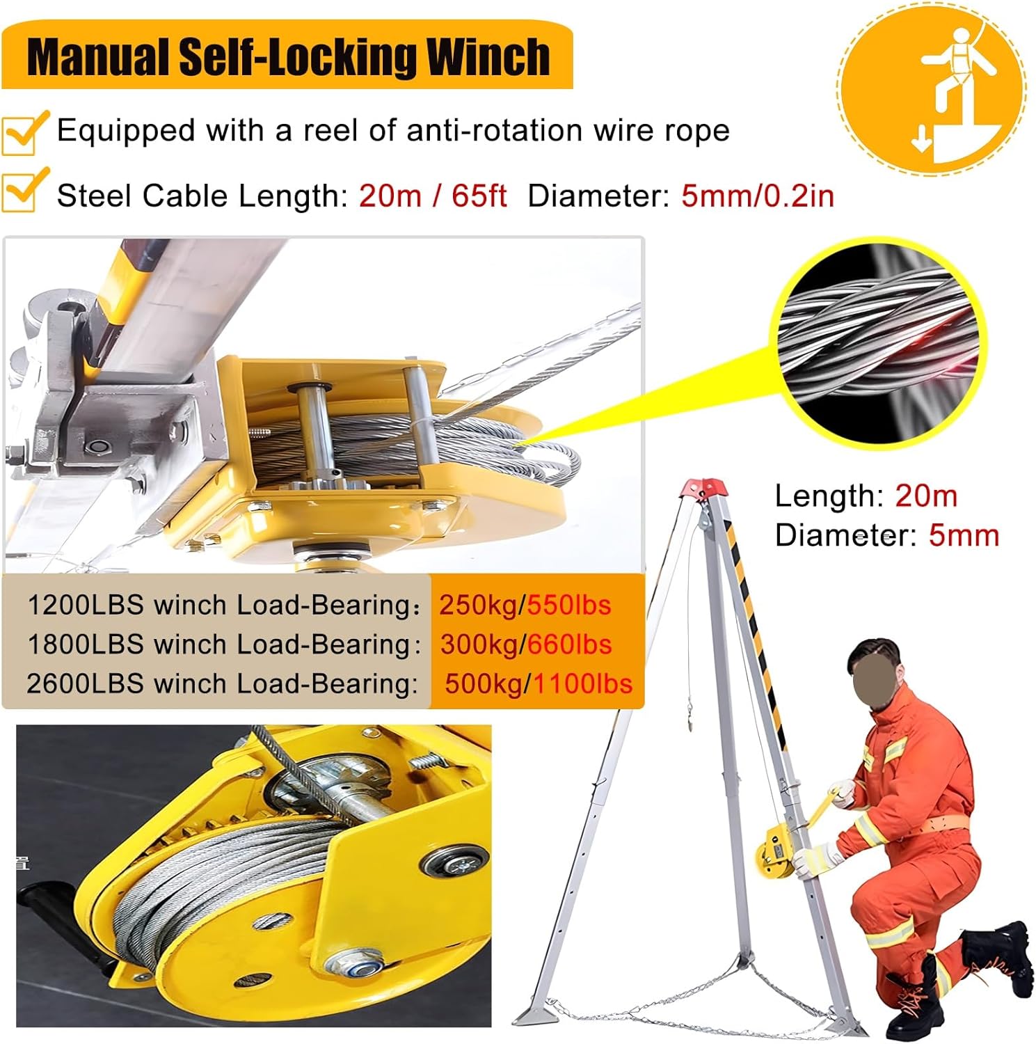 Confined Space Tripod Kit Lifting Rescue Tripod Kit Adjustable Legs Bracket Fire Rescue Tripod Anti-Dropping Safety Tripod with Safety Self-Locking Device Confined Space,1200 Lbs Winch-5M 33
