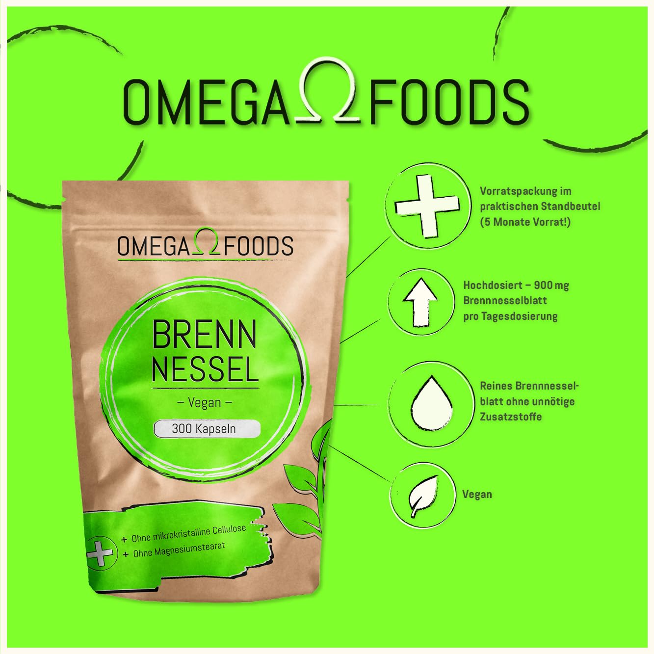 Brennnessel Kapseln - Insgesamt 300 Kapseln - Hochdosierte 900mg je Tagesdosierung - 100% Vegane Brennessel Kapseln - Jede Kapsel mit 450mg Brennessel