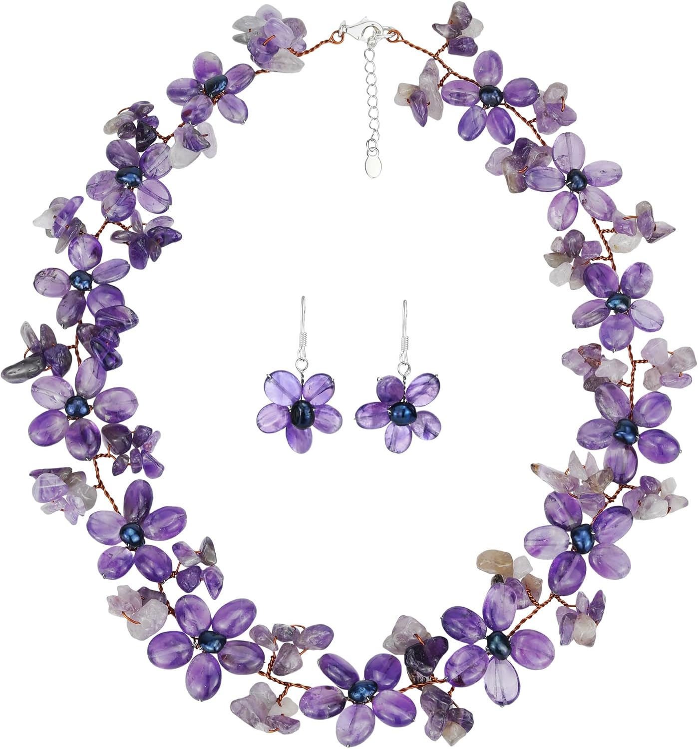 AeraVida Cultured Freshwater Purple Pearl and Simulated Purple Quartz Flower Jewelry Set | Handmade Sterling Silver Floral Necklace with Matching Dangle Earrings