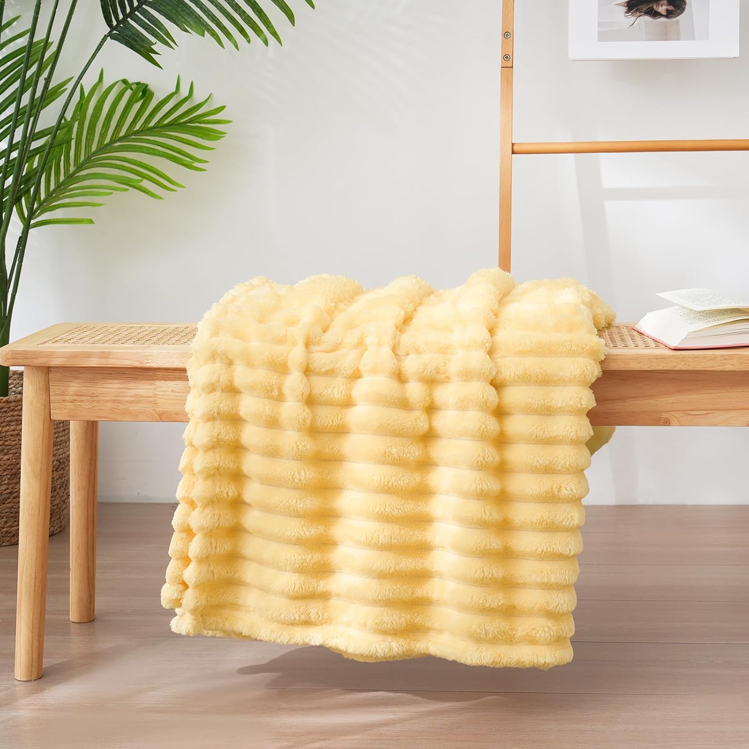 Vessia Flannel Fleece Throw Blanket for Couch,Sofa,Bed, 300GSM Striped Light Yellow Throw Blanket for Adults and Kids, Super Soft Warm Cozy Lightweight Home Decor for All-Season(50x70inch) - Image 6