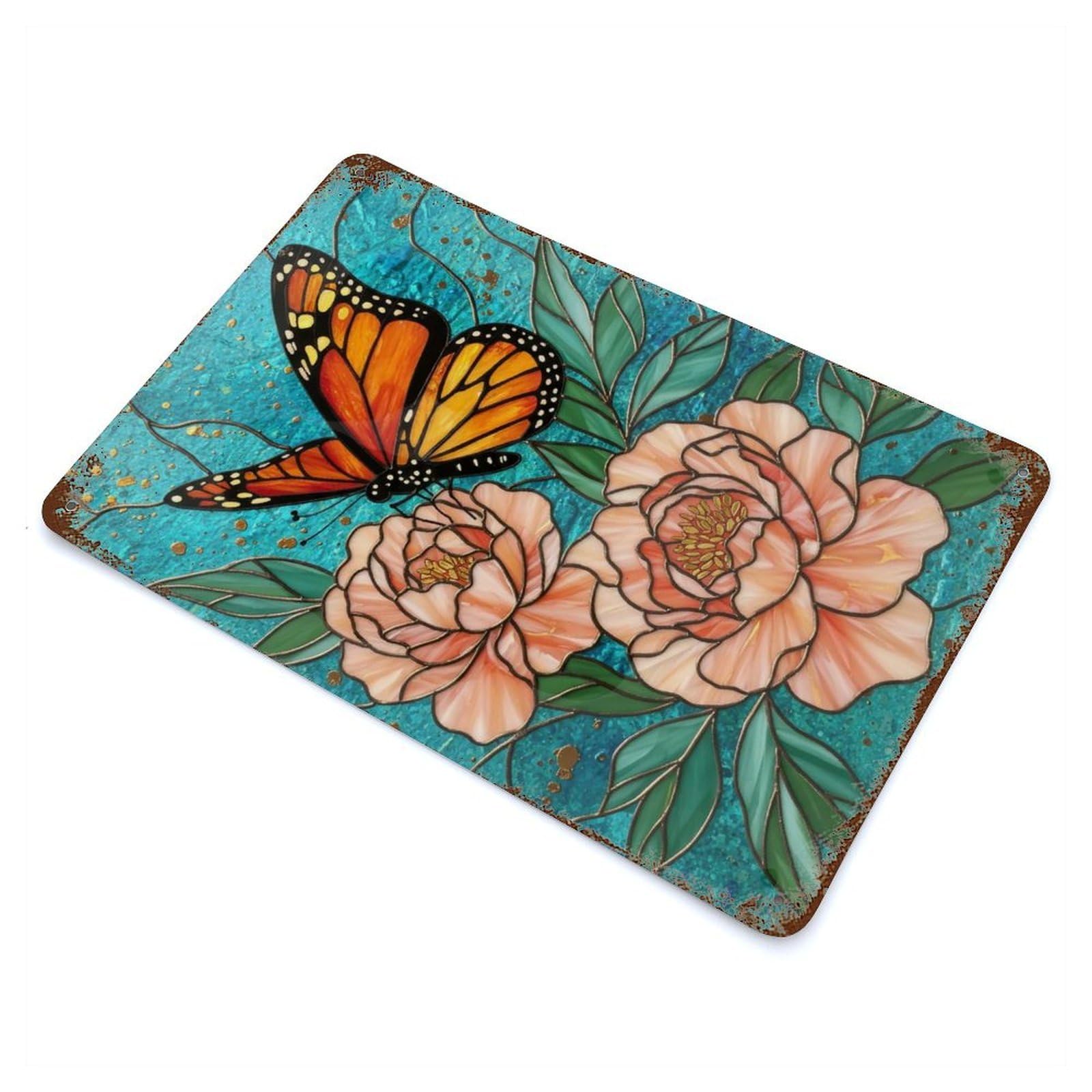 Butterfly Stained Glass Rust Effect Tin Sign 11.8"x7.9", for Bistro, Counter And Cafe Decor, Shabby Chic Decor