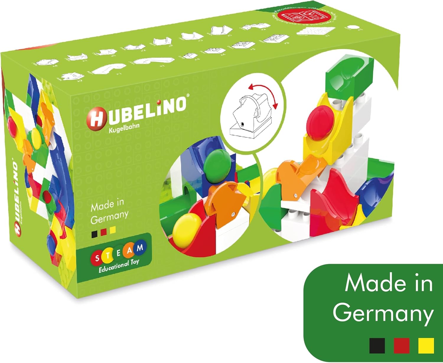 An overhead view of a Hubelino marble run with multiple marbles in motion, demonstrating the flow and interaction of different paths.