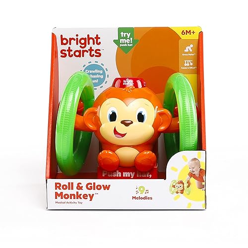 Vista 6 de Bright Starts Roll & Glow Monkey Crawling Baby Toy with Lights and Sounds, Tummy Time Toy, 6 Months and up