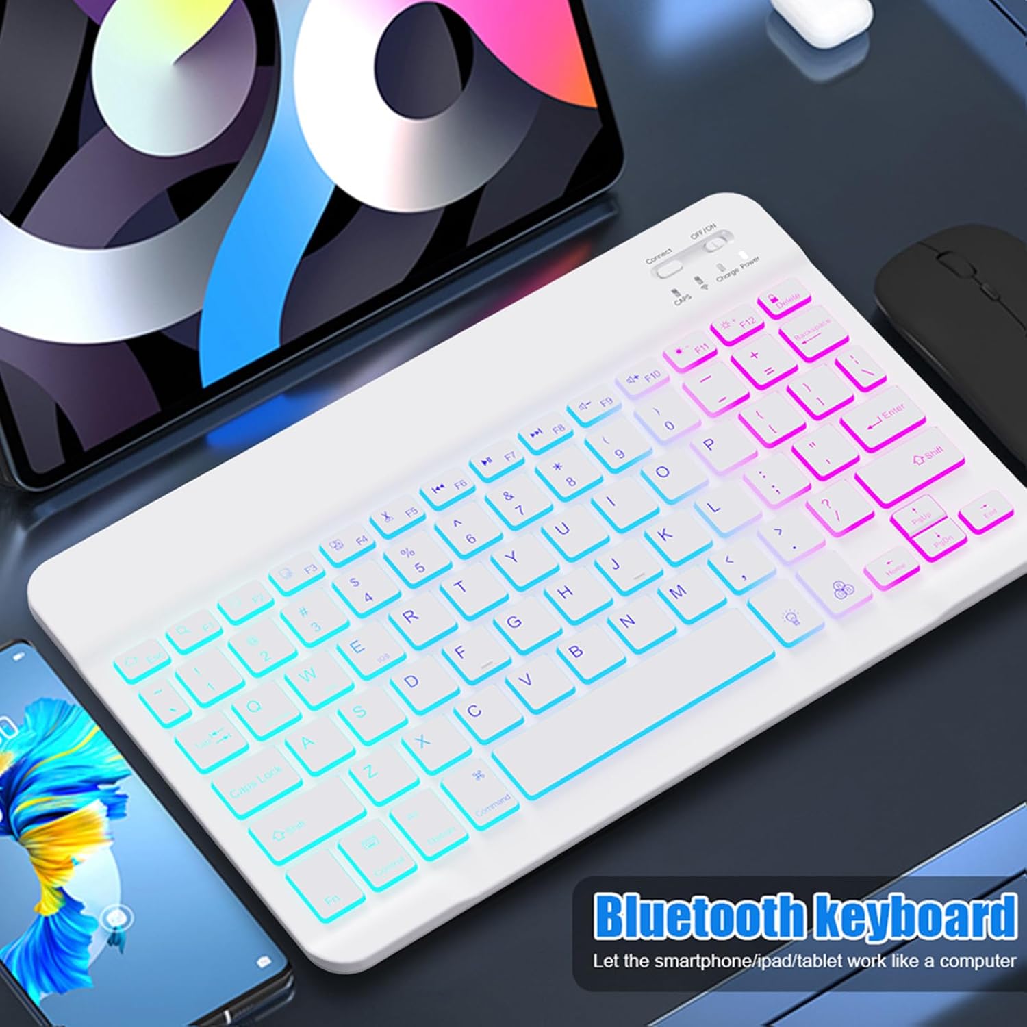 Lightup Wireless Bluetooth Keyboard for iPad Air/Pro/Mini, iPad A17, A16, M2, M3, M4, M5, MacBook, Chromebook etc. Rechargeable Slim Portable, IOS Windows Android Lighting Tablets Keyboard - Black thumbnail