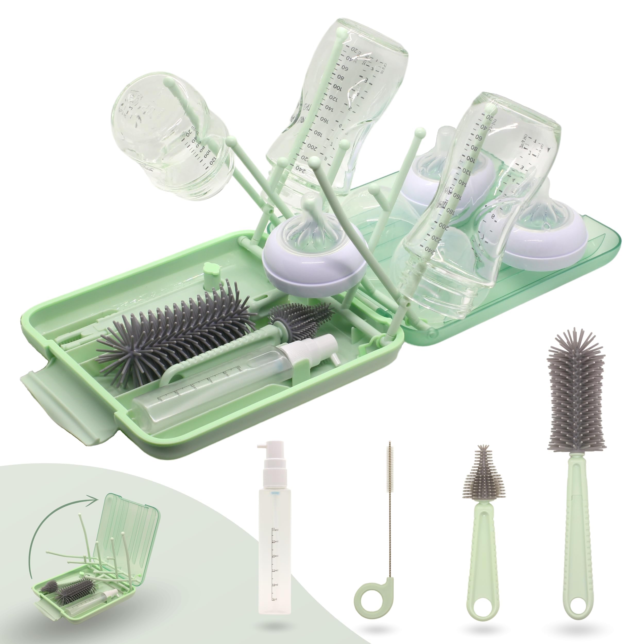 Set Escurre Biberones con Limpia Biberones - 6 en 1 Kit Cepillo Limpia Biberones con escurre biberones Plegable - Portatil - Transportable - Regalo para Bebe - SIN BPA - Verde