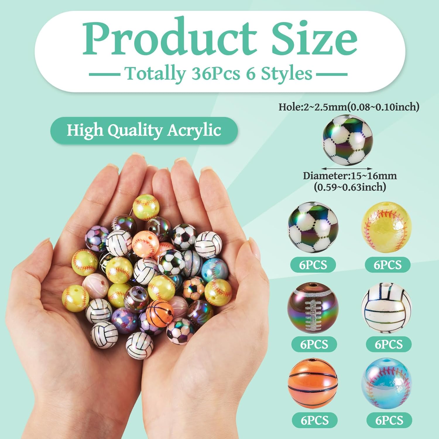 Beadthoven 36Pcs Acrylic Sports Ball Beads 15-16mm Opaque Football Basketball Rugby Tennis Baseball Loose Beads for Jewelry Making DIY Bracelet Necklace Earring Mixed Color - Image 4