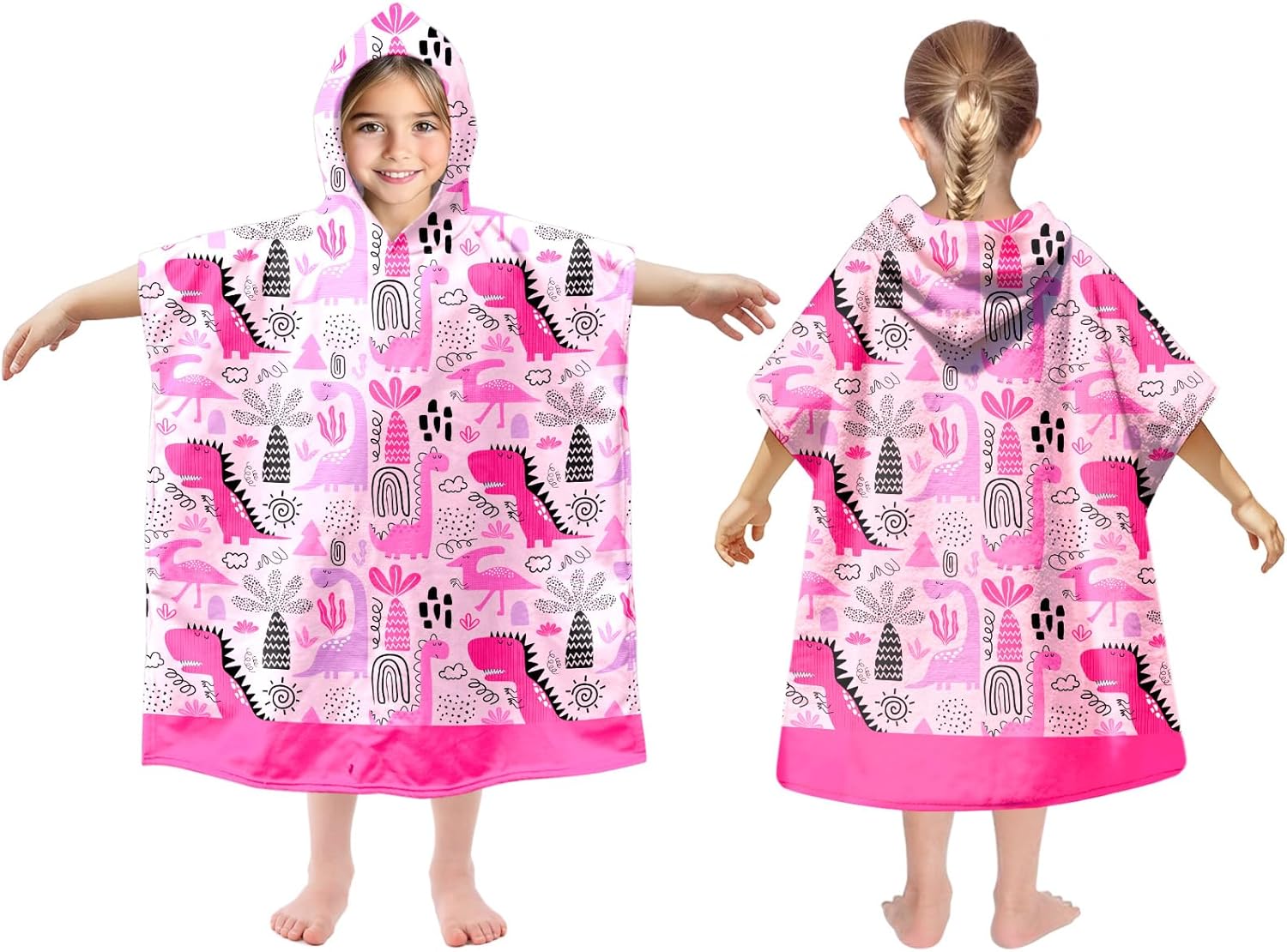 Kids Hooded Beach Towels Wrap for 8-14 Years,Cute Dinos Theme Girls Swim Cover Up for Bathroom，31"x39" Quick Dry Pink Large Bath Towel Poncho,Perfect for Travel Vacation,Pool Party,Swimming