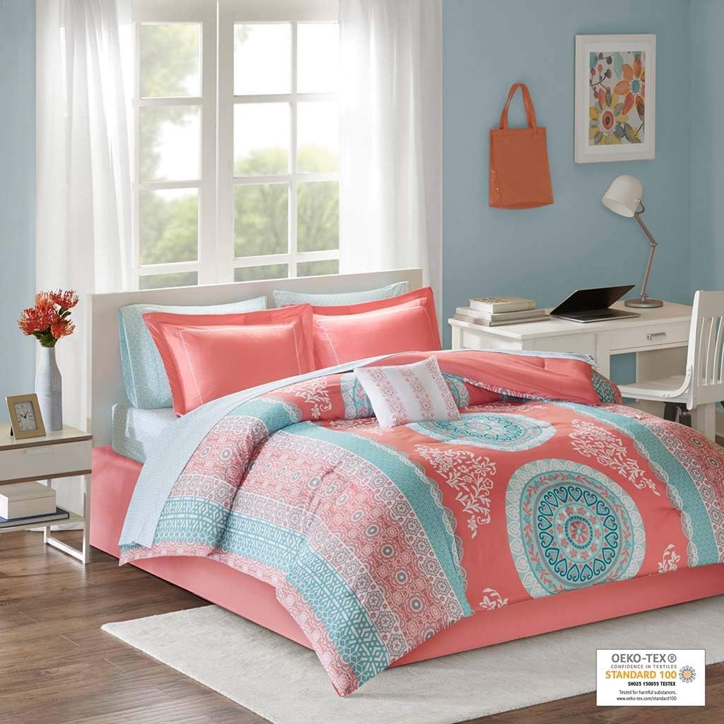 Intelligent Design Loretta Comforter Set Twin Bed in A Bag - Bohemian Chic Medallion 7 Piece Bed Sets Ultra Soft Microfiber Teen Bedding for Girls (Coral, Aqua)