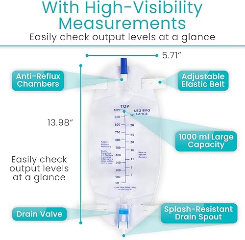 Miniatura 6 de Vive Bolsa de drenaje urinario para piernas con capacidad de 33.8 fl oz, tubo de 18 pulgadas, 1 bolsa de orina médica para usuarios de catéter e