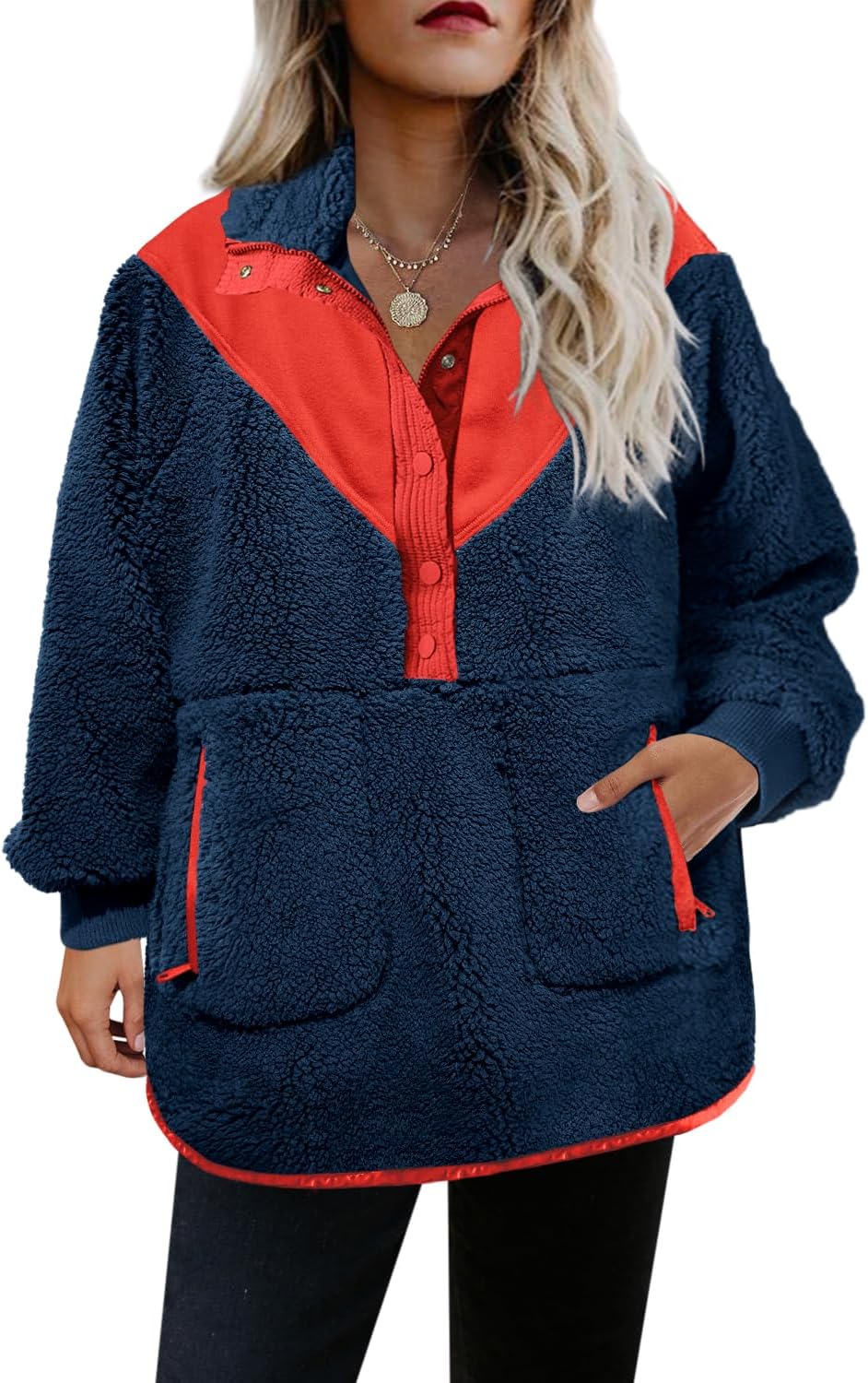 Panadila Womens Half Snap Fleece Pullover Oversized Fuzzy Sweatshirt with Pockets Trendy Warm Sherpa Sweater - Image 2