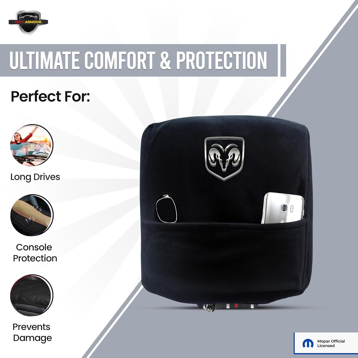 Premium Console Armrest Cover for Dodge Ram (2010-2025) with Bucket Seats – Soft, Machine Washable Console Lid Protector – Easy to Install, Plush & Durable – Black