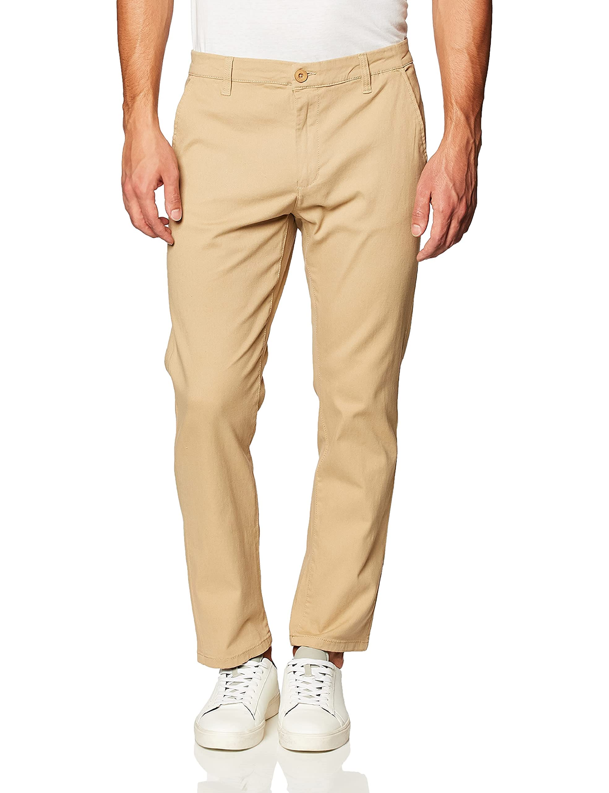 WT02 Men's Skinny Fit Basic Stretchable Cotton Chino Pant Casual, Light Khaki, 36W x 32L