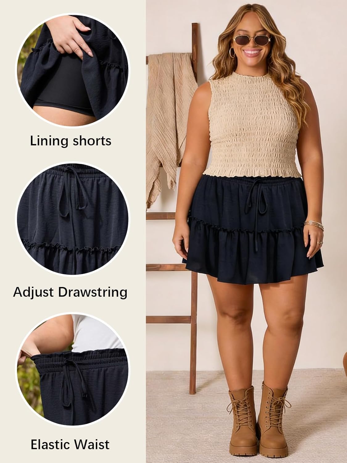 Women's Plus Size Floral Tiered Mini Skorts Ruffle Flowy High Waisted Shorts Boho Beach Summer Skirts with Pockets - Image 5