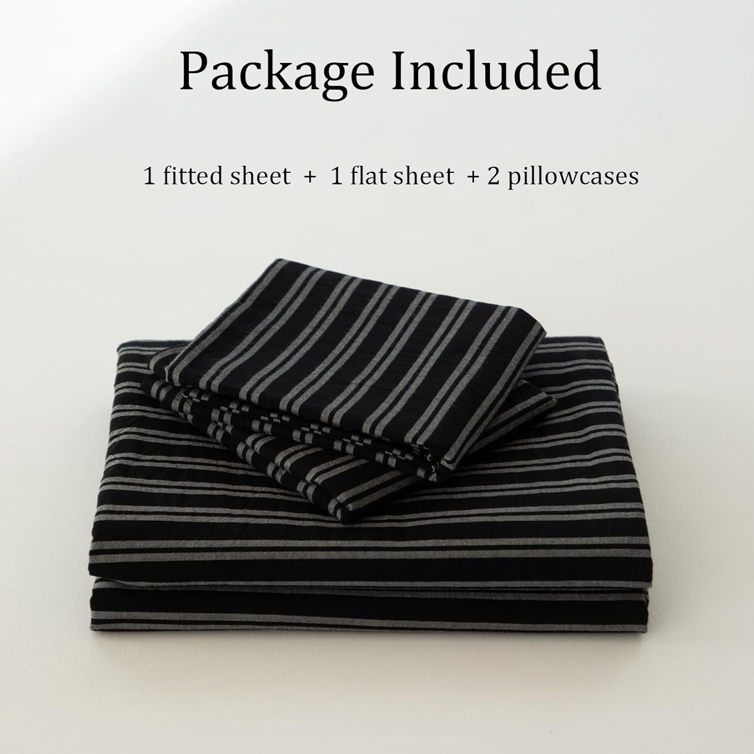 Striped Bedding Sheet Set 4 Pcs,100% Washed Cotton Linen Like,1 Fitted Sheet,1 Flat Sheet and 2 Pillowcases,Comfy Textured Sheet Set(Strip-Black/White,Queen)