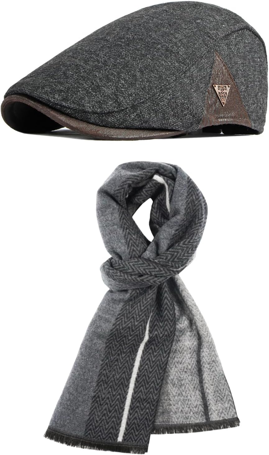 Mens Newsboy Hat Scarf Set for Winter, Warm Checkered Pattern Beret Cabbie Flat Cap, Soft Tassel Scarf, Classic Winter Accessories Gift for Gentlemen