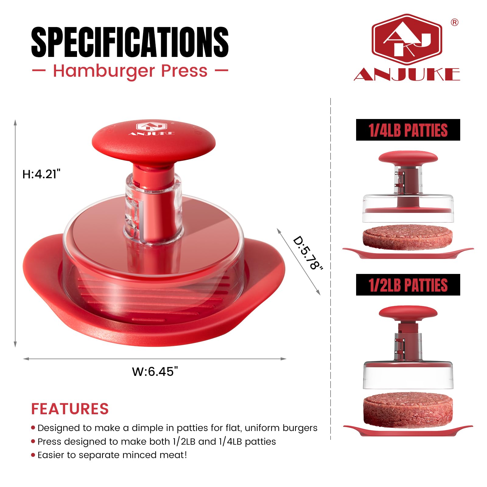 Burger Press, 6.4 inch Round Burger Smasher, 2 in 1 Non-Stick Burger Press Patty Maker for Making 1/2 lb and 1/4 lb BBQ Baking Stuffed Burgers Beef Burger(Red) — view 3