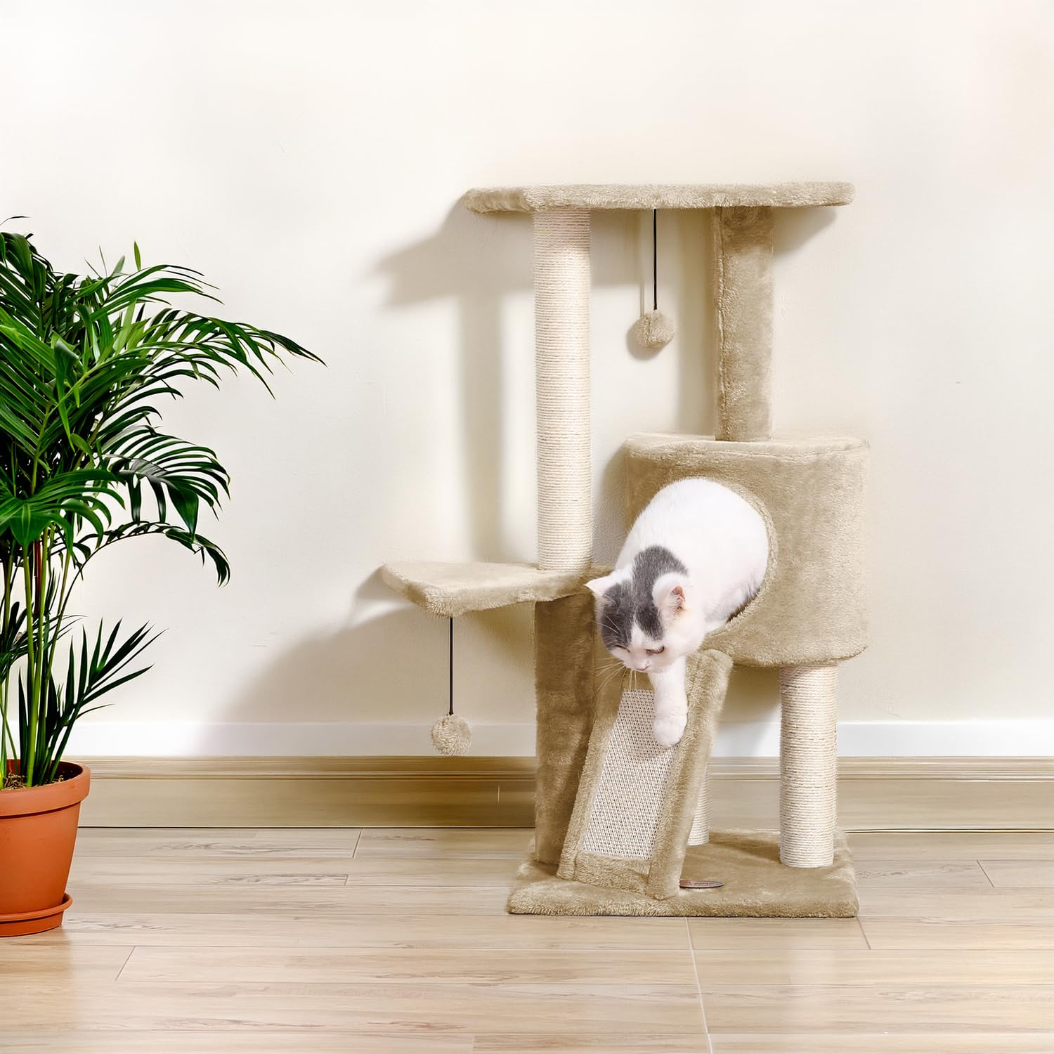 Tiragraffi per Gatti alto 83,5 cm, Graffiatoio in Sisal Casetta con Palline Gioco, Cuccia per Gatti - Toys Beige