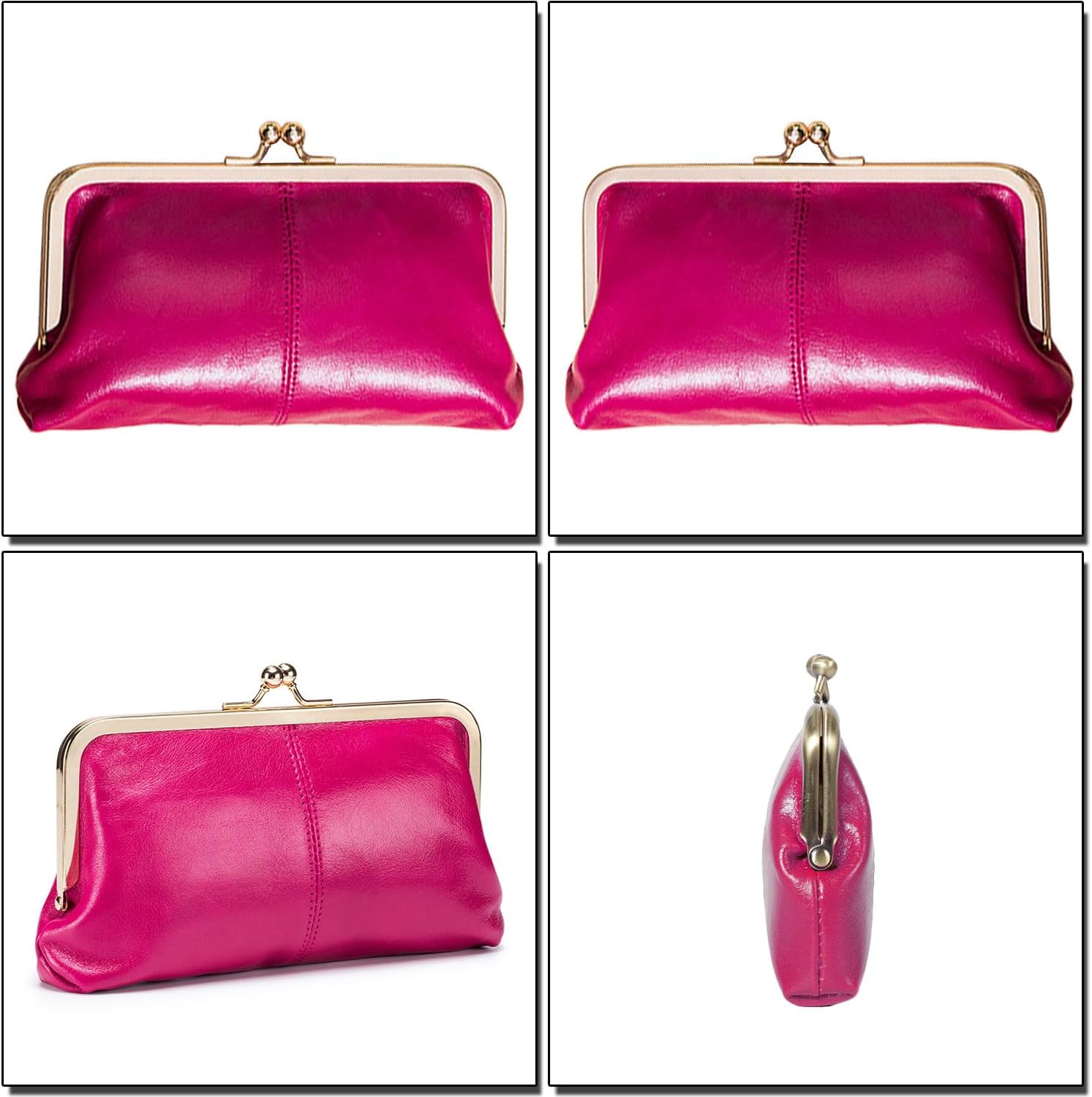 Vintage Large Genuine Leather Wallet for Women- Stylish Kiss-Lock Design(Bright Pink)