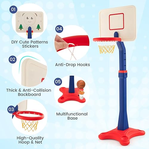 Miniatura 3 de Costzon Aro de baloncesto para niños, centro de actividades deportivas 4 en 1 con 5 alturas ajustables, juego de mesa de dardos, anillo de