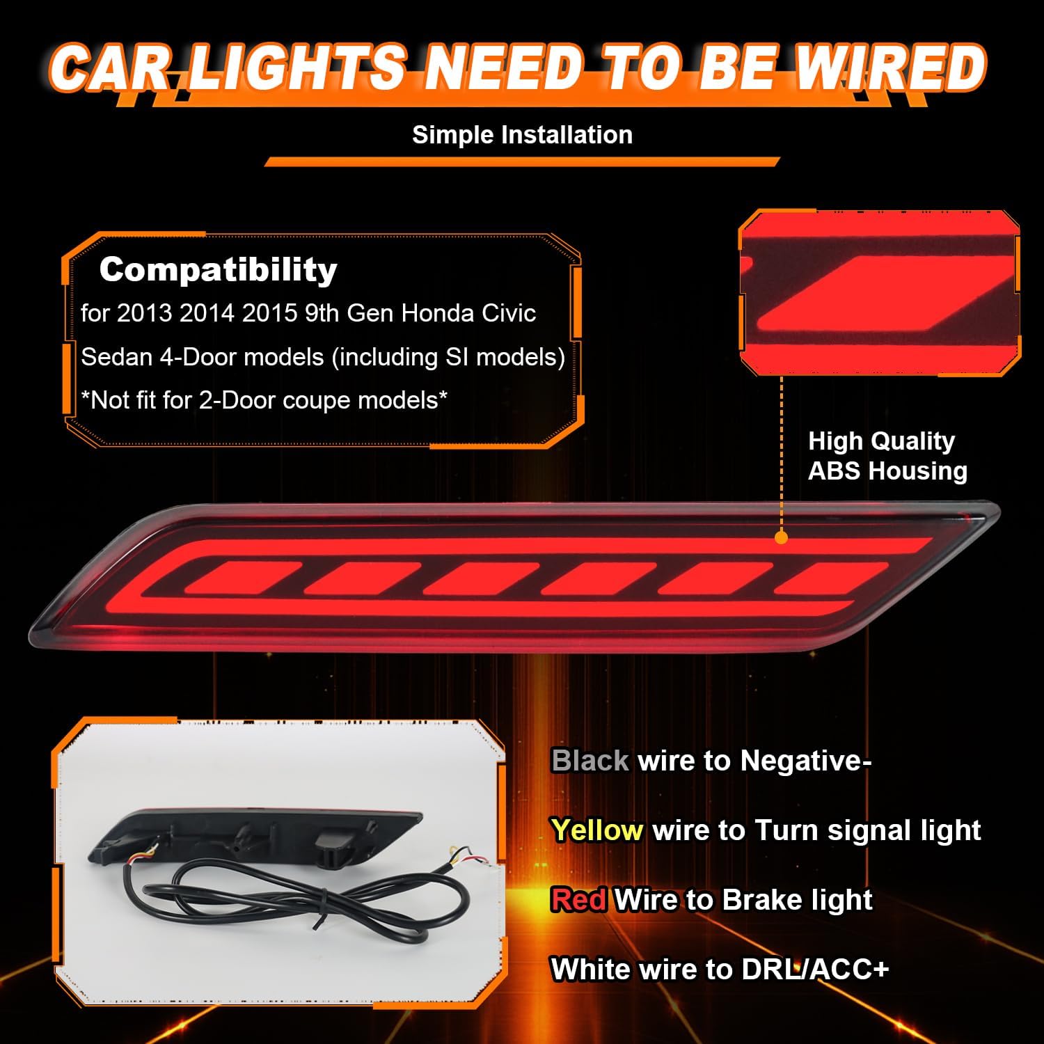 LED Rear Bumper Reflector Light for 2013-2015 Honda Civic Sedan, Tail Light with Brake Lamp, DRL, Turn Signal, Replace OE# 33505-TR0-A51 33555-TR0-A51 (Red Lens)