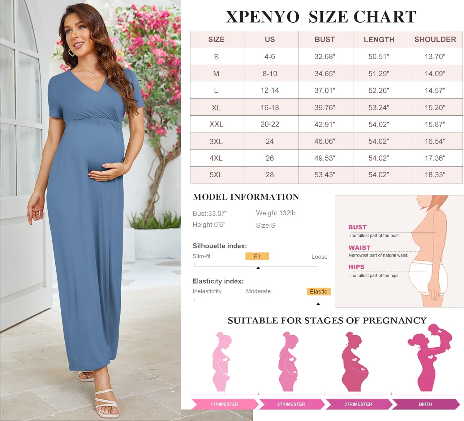 Xpenyo Maternity Maxi Dress Women Casual Wrap Long Baby Shower Pregnancy Dresses Small Indigo