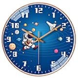 QINFIEY 12 Inch Silent Movement Kids Wall Clock, Non Ticking Children Round Wall Clock Battery Operated Space Travel Style Decor Children Clock for Home School Boys Bedroom Living Room (Blue-2)