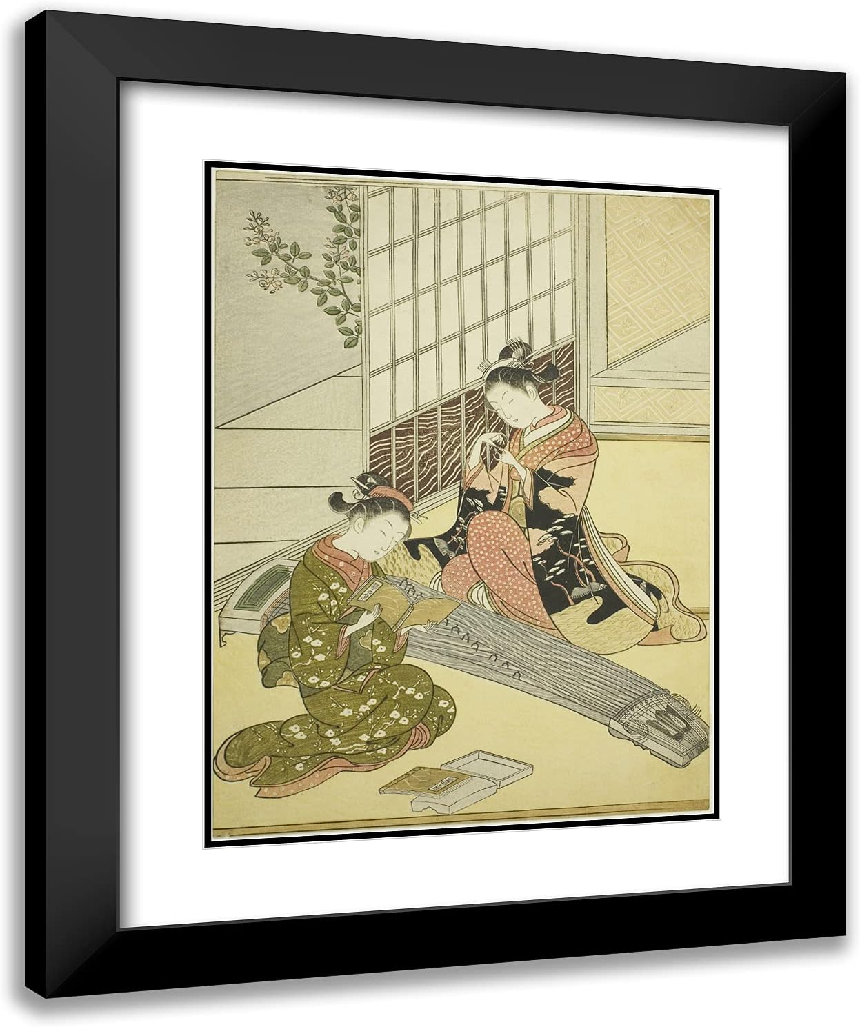 ArtDirect Suzuki Harunobu 20x24 Black Modern Framed and Double Matted Art Print Titled Descending Geese of The Koto Bridges (Kotoji no rakugan), from The Series Eight Views of The Parlor