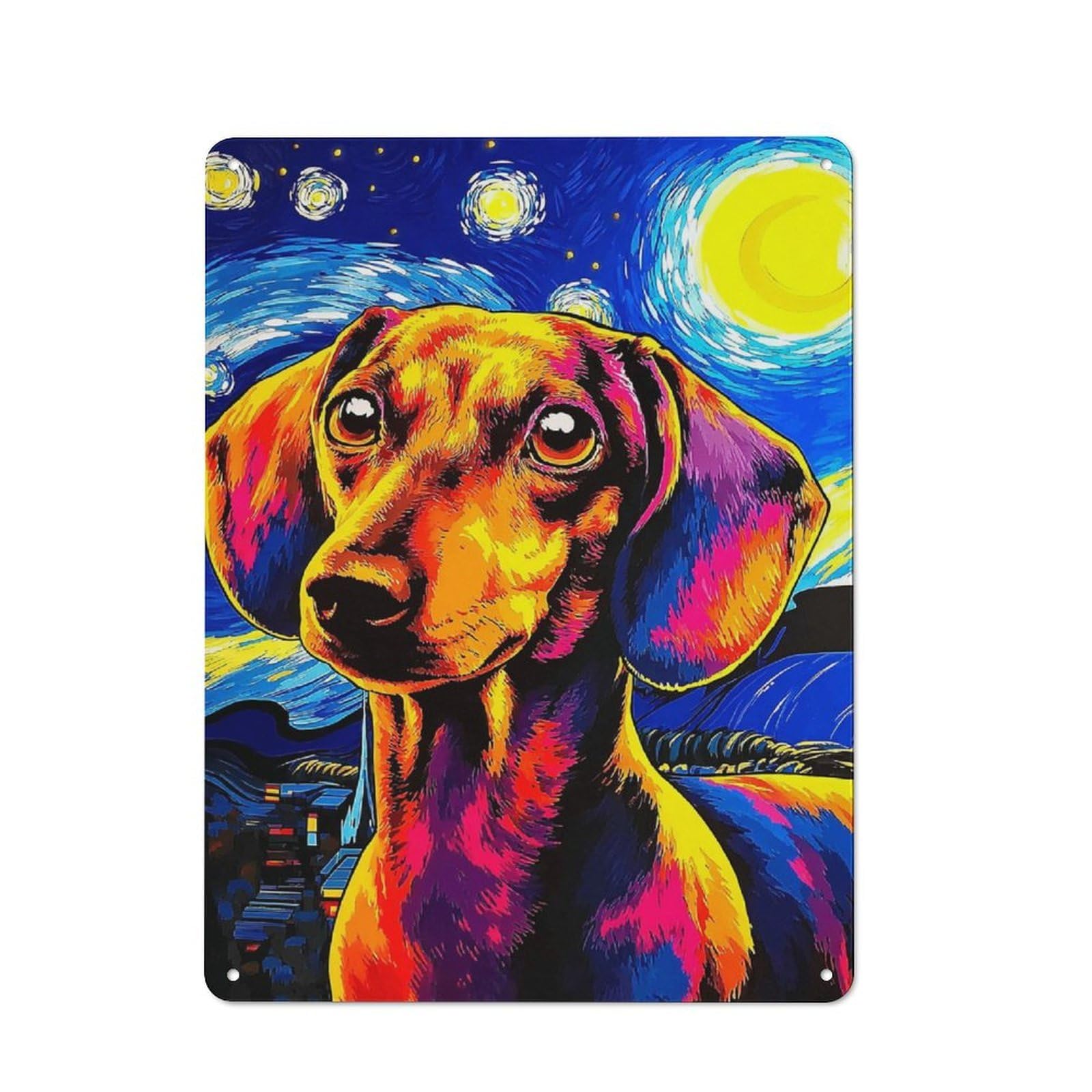 Junmoney Starry Night Dachshund A Vibrant Tribute To Metal Plaque 40X30cm With For Hallway Wall, Retro Decor, For Themed Interiors In Hallways And Entrance Areas