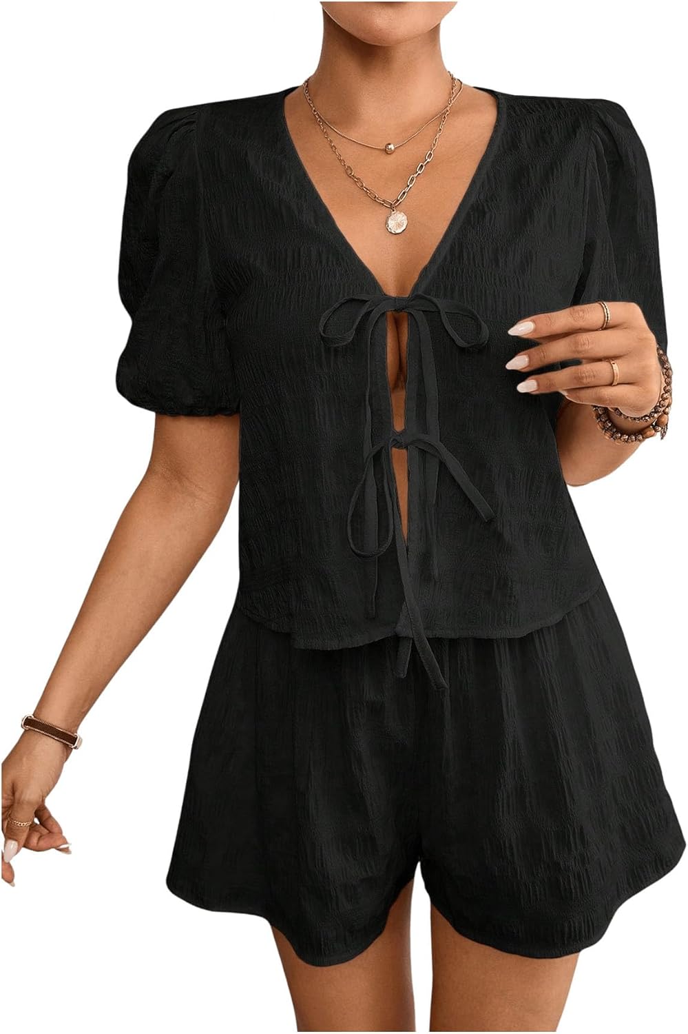 OYOANGLE Women's 2 Piece Outfits Textured Bow Tie Short Sleeve Blouse and Wide Leg Shorts Set